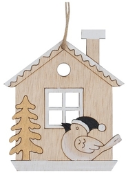 Haus mit einem Vogel in schwarzer Mütze zum Aufhängen 7 x 8 cm