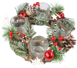 Wooden Advent wreath for 4 candles with red accessories