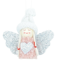 Hängender Engel mit silbernen Flügeln, 7,5 cm, rosa Kleid