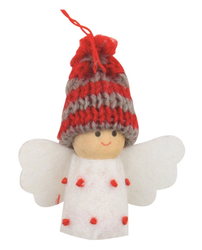 White hanging angel in a striped cap