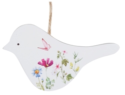 White wooden bird with a floral pattern for hanging 13.5 cm