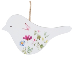 White wooden bird with floral pattern for hanging 13.5 cm 
