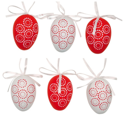 Plastic eggs for hanging in a red and white bag