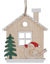 House with a bird in a red cap for hanging 7 x 8 cm