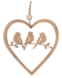 Vtáčiky vyrezávané z dreva v srdiečku na zavesenie 9,5 cm